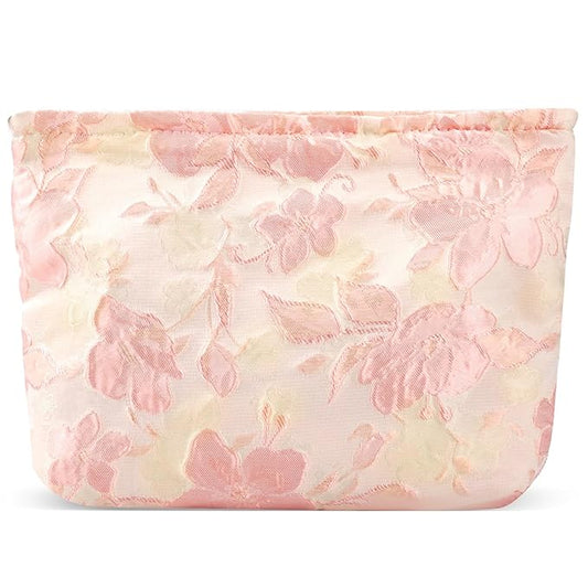 ZLFSRQ Flower Makeup Bag Travel Cute Floral Cosmetic Bags for Women Large Capacity Toiletry Pouch Zipper Cosmetic Pouch for Purse Aesthetic Embossed Pink Makeup Organizer Portable Toiletry Bags