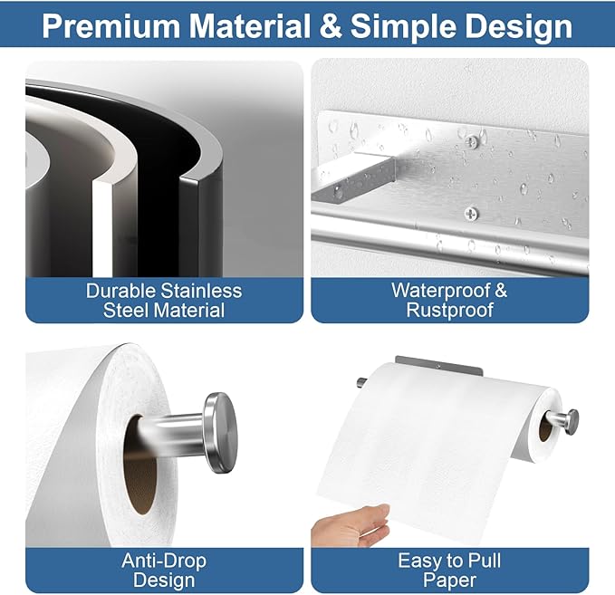 CUXIXA Paper Towel Holder Under Cabinet 2 Pack, Upgraded Adhesive Paper Towel Holder Wall Mount for Kitchen, Bathroom, RV, Bend-Resistant, Self-Adhesive or Drill mounting, Stainless Steel, Silver