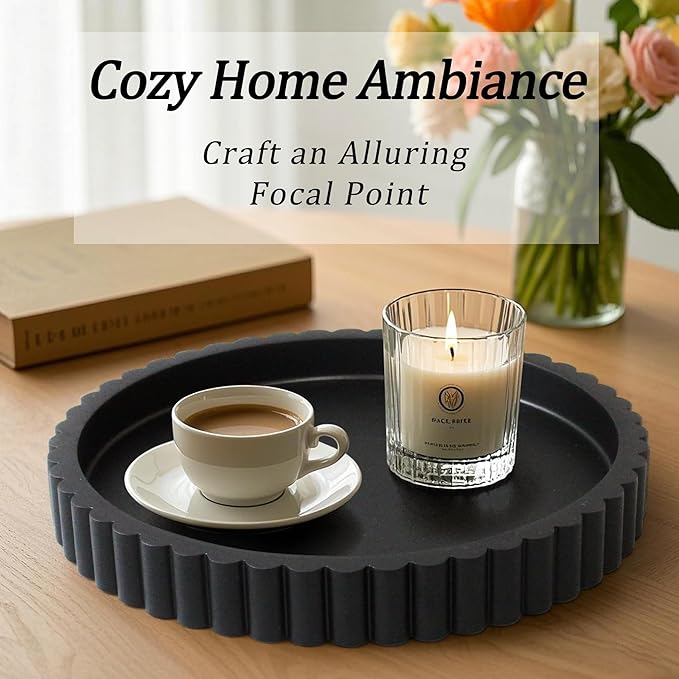 Decorative Coffee Table Tray, 11" Round Resin Coffee Table Centerpiece Tray for Home Decor, Modern Organizer for Living Room, Console or Dresser, Matte Black
