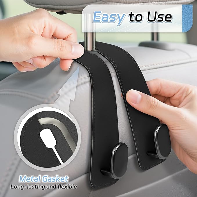 Car Seat Headrest Hooks - 4 Pack Universal Car Purse Hook, Leather Car Bag Purse Holder with Double Metal Hooks for Handbags, Grocery Bags, Bottles, Phones, Black