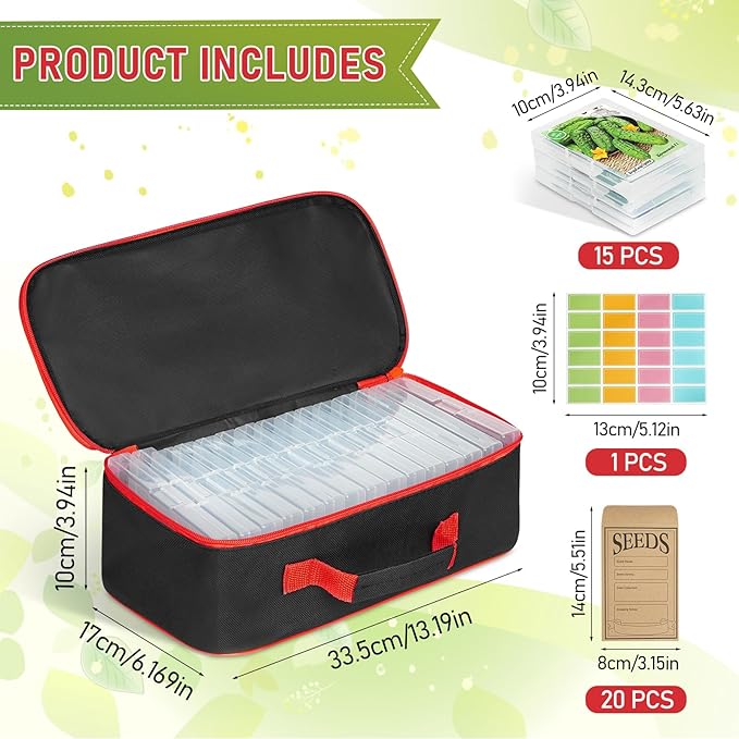 FACULX 15 Slots Seed Storage Organizer Box with 20 Seed Envelopes, Large Capacity Seeds Storage Container with Zipper Bag Label Stickers, Seeds Saving Container for Garden Vegetable and Flower (Red)