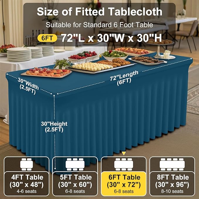 Smiry Spandex Tablecloth 2 Pack, Elastic Fitted Stretch Tablecloth for 6FT Rectangle Tables, Waterproof Washable Table Cover Skirt for Wedding, Banquet & Parties (Peacock Blue, 72Lx30Wx30H Inch)