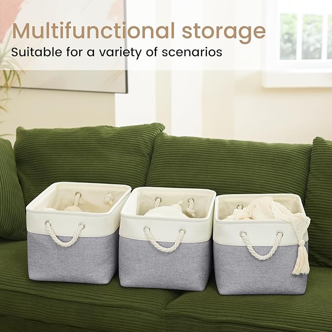 VQRTEXA Large Storage Baskets - 15x11x10 inch Storage Bins for Shelves and Closet Organizing, Foldable Fabric Bin for Home Organization, Clothes and Laundry (6-Pack, White&Gray)