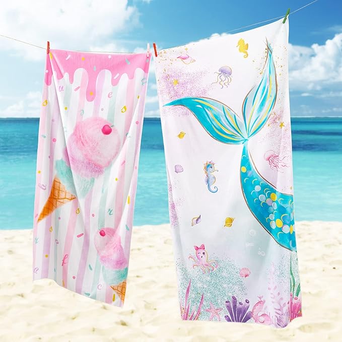 WERNNSAI Kids Beach Towel for Girls - 30” x 60” Ice Cream Sand Free Swim Towels for Girls Bath Pool Camping Travel Towel Quick Dry Ultra Absorbent Super Soft Beach Blanket Bath Shower Towel