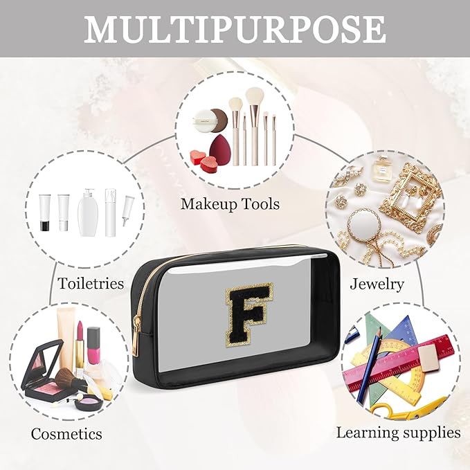 Small Clear Personalized Initial Makeup Bag,Nylon Preppy A-Z Chenille Letter Patch Cosmetic Pouch Beach Toiletry Bag,Waterproof Zipper Travel Purse Storage Bag Organizer for Women Girls(Black-Black F)