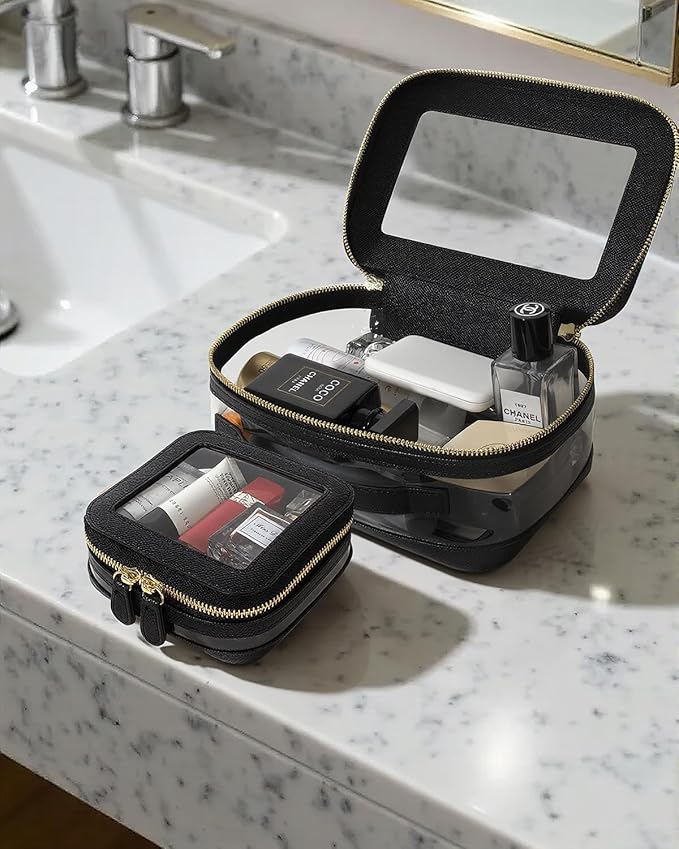 Clear Makeup Bag Small, Mini Portable Clear Makeup Bag for Purse Cute Waterproof Travel Cosmetic Case Makeup Pouch TSA Approved Toiletry Bag Women Traveling Car Organizer Car Essentials (Black, Mini)