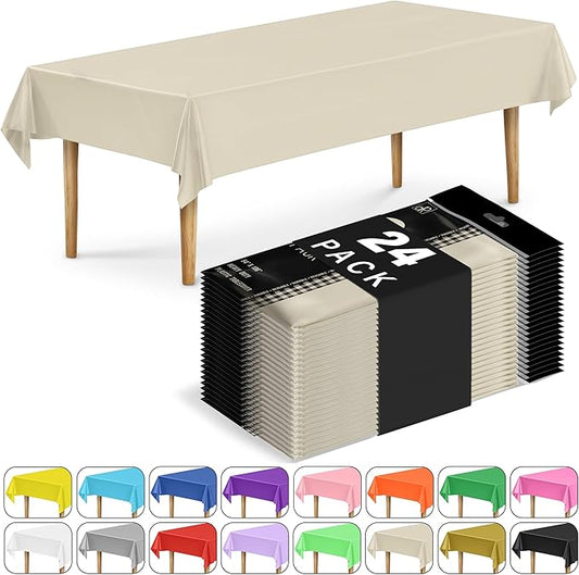 DecorRack 24 Pack Rectangular Tablecloths BPA-Free Plastic, 54 x 108 inch, Dining Table Cover Cloth for Parties, Picnic, Camping and Outdoor, Disposable or Reusable in Ivory (24 Pack)
