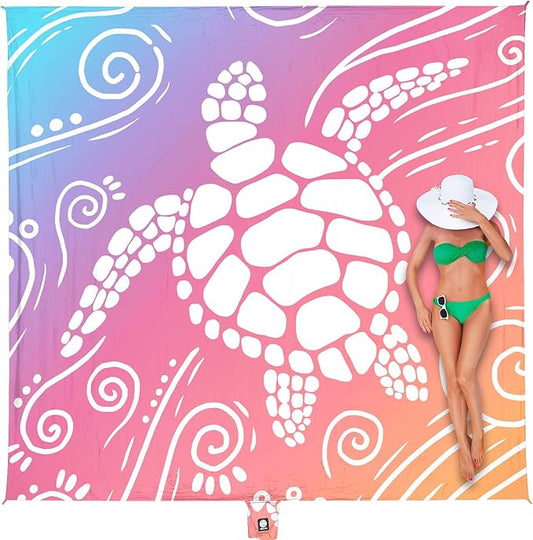 WEKAPO Beach Blanket Waterproof Sandproof Oversized Extra Large Sand Free Beach Mat with Stakes, Storage Bag - Essentials for Outdoor Beach, Picnic (Pinkish Purple Sea Turtle, 8 X 7 FT (1~4 Person))