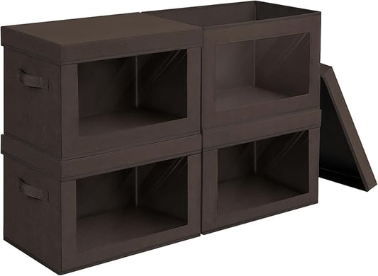 Stackable Storage Bins with Lids - Large Storage Box with Lids, Foldable Closet Boxes for Organizing, Wardrobe Clothes Organizer with Window, Cube Bins for Living Room, 4 Pack, Brown