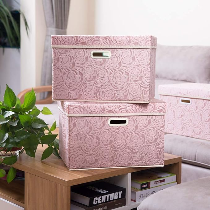 PRANDOM Larger Collapsible Storage Cubes with Lids, Fabric Decorative Storage Bins Boxes Organizer Containers Baskets with Cover Handles for Bedroom Closet Living Room 17.7x11.8x11.8 Inch, 3 Pack
