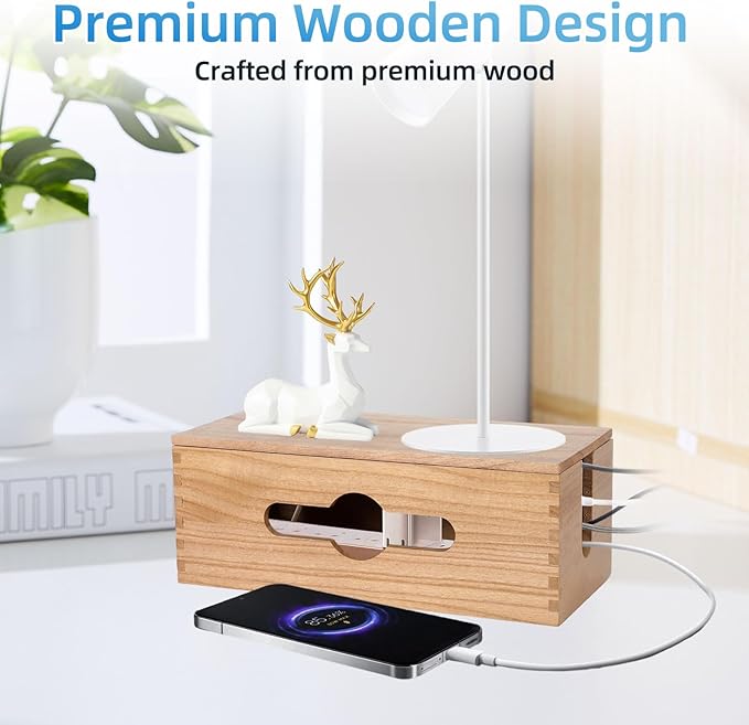 3-Piece Wooden Cable Management Box Kit: Wooden Cable Hider Storage Box Cord Organizer to Hide Cords & Wires for Desk Organization Protector Box for Home Office Kitchen Desk TV Computer Wires (S + M + L)