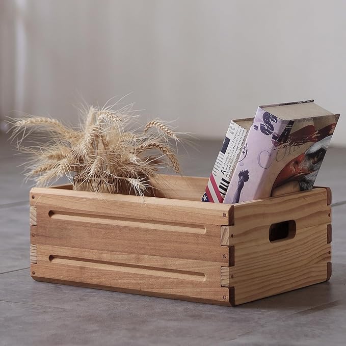 KLZLQ-XINCHEN 1 Pack Wooden Storage Bin of 16"x12"x6.25".Durable Open Solid Wood Box w/Handles.Farmhouse Container Shelf Baskets. Multipurpose Home Décor Organizer Crates for Display,Pantry,Book,CD