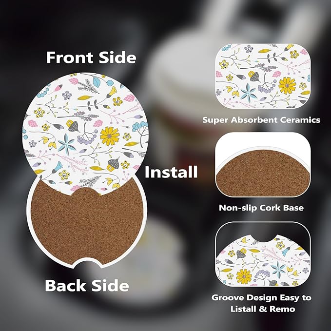 Car Cup Holder Coasters, 2 Pcs Ceramic Coasters with Cork Back and Finger Slot, Anti-Slip Shock Absorbing Women and Men Universal Car Accessories - Lovely Flower