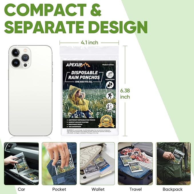 APEXUP Disposable Rain Ponchos for Adults, Emergency Rain Poncho for Camping Hiking Travelling