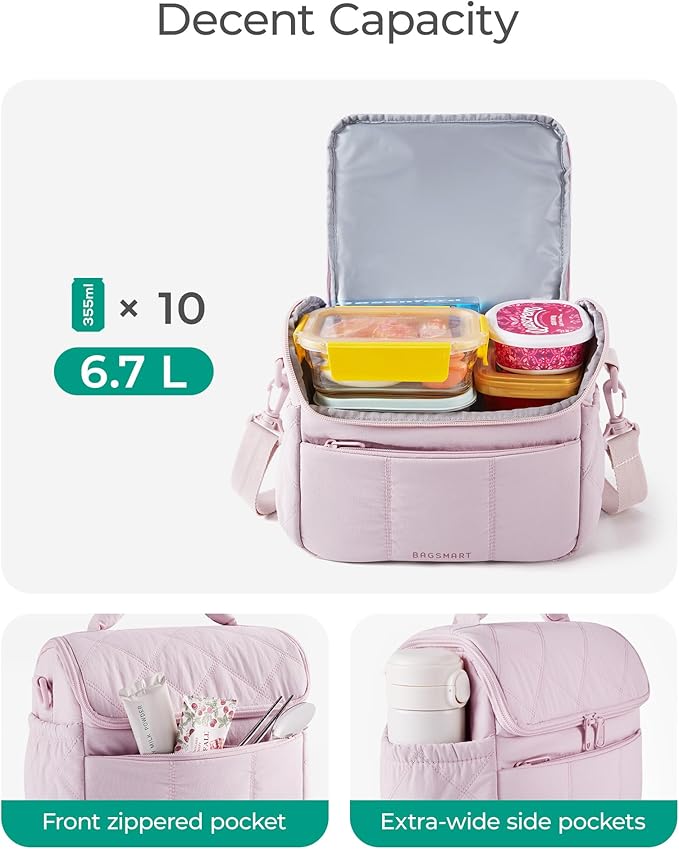 BAGSMART Insulated Lunch Bags for Women, Cute Quilted Lunch Box, Lightweight Puffy Padded Waterproof Lunch Tote, Reusable Lunch Cooler for Work Picnic Travel, Cherry