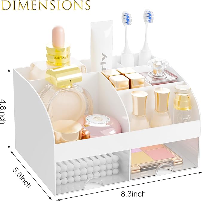 Makeup Organizer with 2 Drawers, Cosmetic Storage for Dresser Vanity and Bathroom Countertop, Makeup Organization and Skincare Storage with Beauty Brush Holder, Cosmetic Display Case (White)