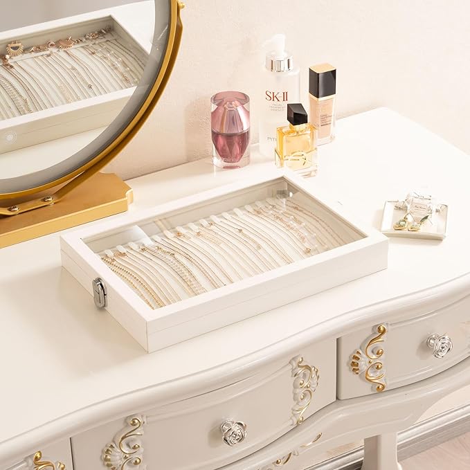 Lolalet Jewelry Organizer Tray with Lid, 18 Hooks Velvet Necklace Organizer Holder Storage Box for Drawer -Beige