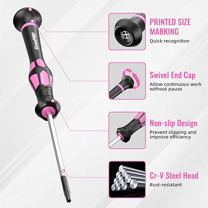 10-Piece Precision Screwdriver Set, Magnetic Small Screwdrivers with Phillips, Slotted, Torx Star for Eyeglass, Watch, Computer, Laptop, Phone,Pink