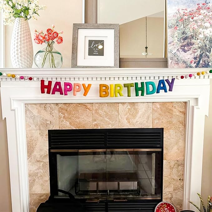 Pre-Strung Happy Birthday Banner - Handmade Felt Letters & Balls, Reusable Colorful Felt Ball Garland, Personalized Birthday Sign for Home Wall Mantles Decor Kids Rainbow Party Decorations