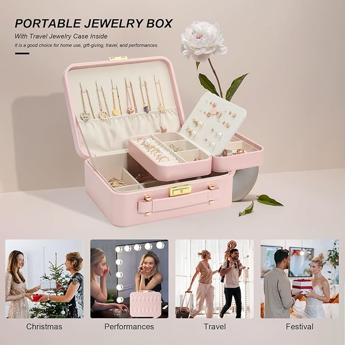 Large Jewelry Travel Case, Jewelry Case for Necklaces, Large Jewelry Case, Jewelry Box for Women Girls. (Pink)