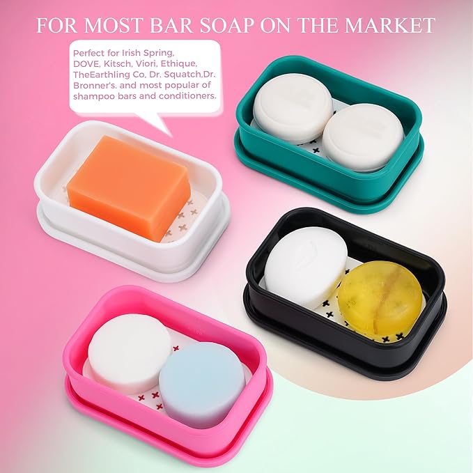 Silicone Soap Holder, Enhanced Leak-Proof Travel Soap Container with Draining Layer, Portable Bar Soap Holder, Soap Case with Soap Bag, Soap Dishes for Bathroom/Camping/Gym (Pink)