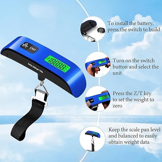 Luggage Scale, 110lb Luggage Weight Scale with 4 Unit Switching Functions & LED Display, Luggage Scale Travel Digital for Weighing Luggage, Backpacks, Packages and Markets (Blue)
