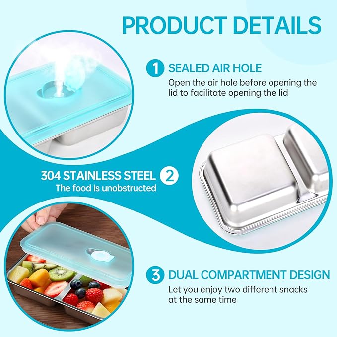 4 Pack Stainless Steel Snack Containers Reusable, Grab and Go 2 Compartment Food Storage Meal Prep Containers with Lids Stackable for Travel Camping School Lunch, Gifts for Gym Home Cooks