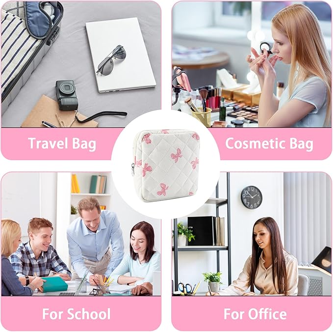 Small Quilted Cotton Makeup Bag for Purse Mini Cosmetic Period Bag for Women Cute Pink Bow Makeup Sanitary Pouch Portable Travel Toiletry Bags with Zipper Christmas Birthday Gifts