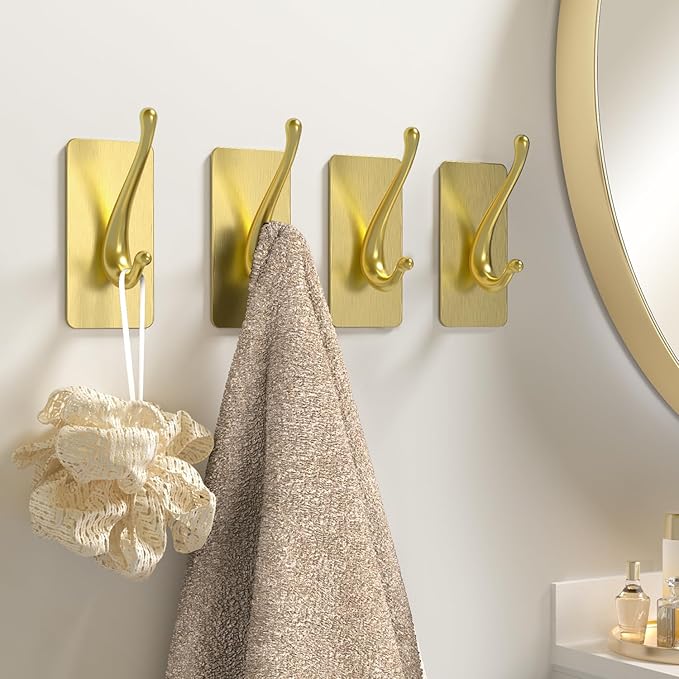 JCHOUS Towel Hooks, Solid Alloy Adhesive Wall Hooks for Hanging, Towel Hooks for Bathroom, RV, Kitchen, Closets, etc (Gold, 2 Pack)