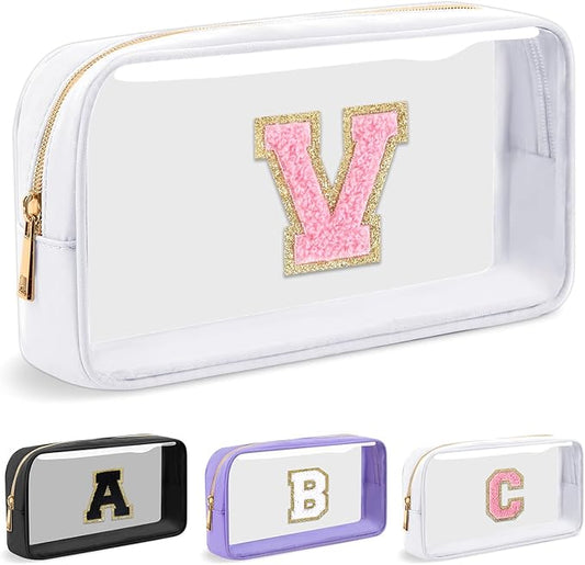 Personalized Initial Letter Clear Makeup Bag, Preppy Small Nylon & PVC Cosmetic Zipper Bag with Chenille Letter, Travel Skincare Toiletry Bag, Monogram Christmas Gift for Teen Girls Women, V