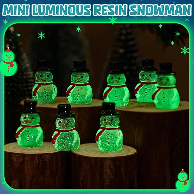 Wenqik 50 Pcs Winter Mini Snowman Figurines Glow in The Dark Christmas Resin Luminous Clear Snowman for DIY Micro Landscape Home Crafts Xmas Party Cake Toppers Decor