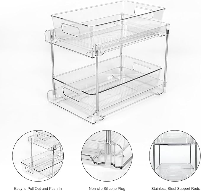 1 Pack 2-Tier Bathroom Organizers and Storage, Clear Under Sink Organizer Vanity Countertop Storage Pantry Organizers, Pull-Out Cabinet Organizer With Track For Bathroom, Kitchen, Pantry