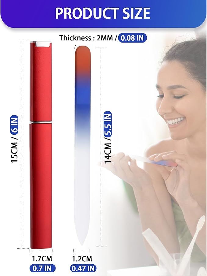 2-Pack Glass Nail File 2mm Thickness Crystal Files with Case Fingernail File for Nature Nails Double-Sided Etched Czech Glass Files for Travel Fine Grit Nail Filer Gifts Package Stocking Stuffers