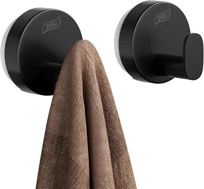 TAILI 304 Stainless Steel Bathroom Suction Hooks for Towel, Bathrobe, Loofah, No Damage Hanging Glass Shower Wall Hook, Patented Strong Suction Cup Holder, Hold Up to 11 Lbs, 2 Pack, Black