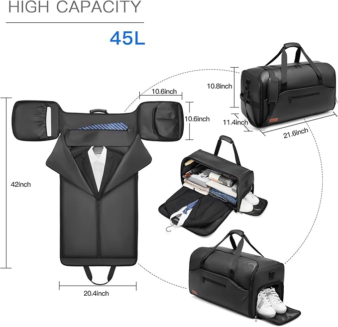 Garment Bags for Travel, 45L Carry-on Convertible Garment Duffle Bag for Men and Women - 3-in-1 Hanging Suit Travel Bag with Shoulder Strap