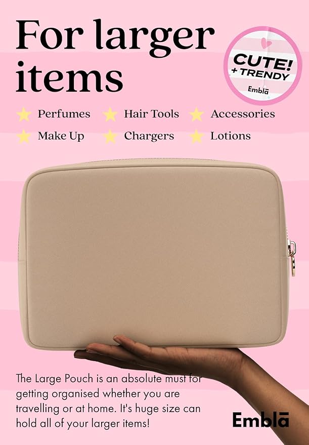 Embla Makeup Bag Travel Cosmetics Pouch and Toiletry Bag, Nylon Zipper Pouch Purse, Cute Make Up Organizer Storage Tote for Women Girls, Waterproof Travel Skincare Case, Large Makeup Bags, Sand