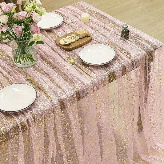 Horaldaily Pink Gold Gauze Tablecloth 60x84 Inch Rectangular, Golden Sequin Glitter Metallic Foil, Sheer Tulle Cheesecloth for Wedding Baby Shower Ceremony Birthday
