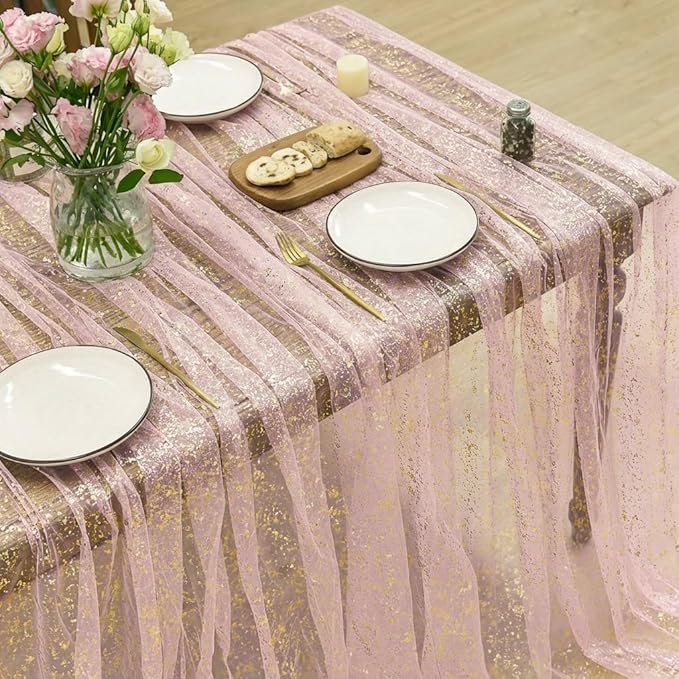 Horaldaily Pink Gold Gauze Tablecloth 60x60 Inch Square, Golden Sequin Glitter Metallic Foil, Sheer Tulle Cheesecloth for Wedding Baby Shower Ceremony Birthday