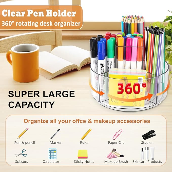 Rotating Acrylic Pen Holder for Desk, 360 Degree Spinning Pencil Holder Pen Organizer, 5 Compartments Kids Marker Holder Crayon Caddy Art Supply Storage Box Desk Organizer for Office Home School