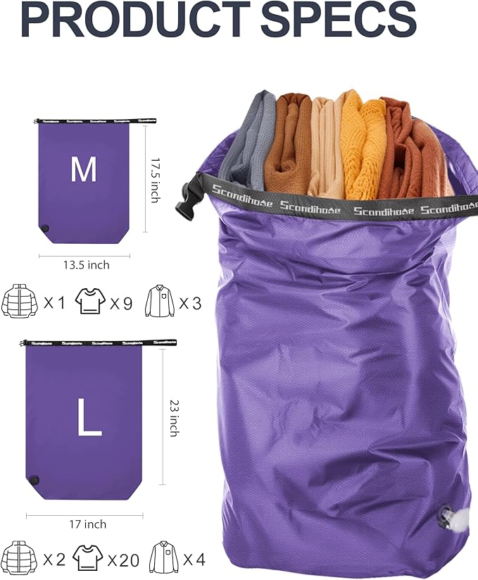 Travel Laundry Bag, Pump-free Vacuum Compression Dirty Clothes Bag, Medium Reusable Waterproof & Washable Laundry Bag, Wet and Dry Bag, Ideal for Suitcases, Laundromats (1 Pcs) Purple