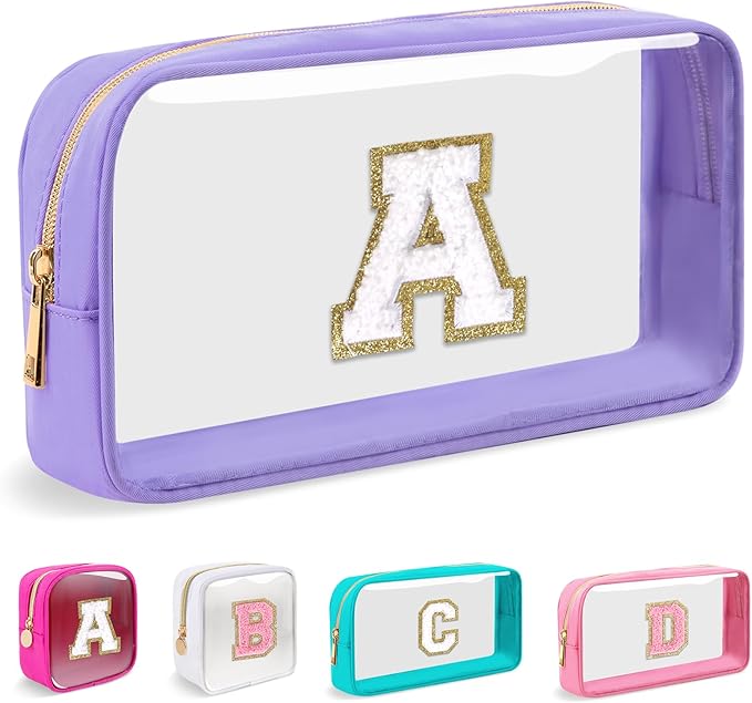Small Clear Personalized Initial Makeup Bag,Nylon Preppy A-Z Chenille Letter Patch Cosmetic Pouch Beach Toiletry Bag,Waterproof Zip Travel Purse Storage Bag Organizer for Women Girls(Purple-White A)