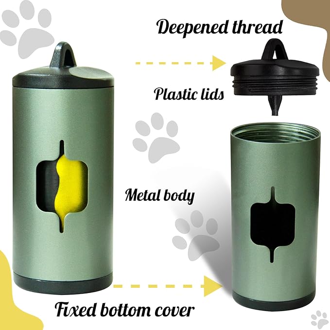 Metal Dog Poop Bag Holder w/Leash Clip|Durable Scratch-Resistant Aluminum|15 Bags+3 Accessories(Drak Green)
