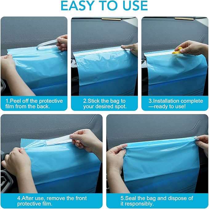40 Pcs Disposable Car Trash Bag - Large Capacity - Car Garbage Bag Hanging from Headrest - Easy to Stick-On, Leakproof, Smellproof Car Trash Can - Ideal for Travel, Camping, and Home Use (Blue)