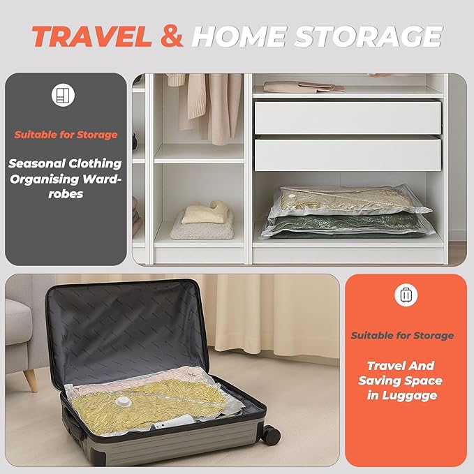 Vacbird Travel Vacuum Seal Bags, 8 Pack 34" Vacuum Storage Bags with Rechargeable Cordless Pump, Compression Packing for Clothing, Clothes, Blanket, Bedding, Space Saver for Suitcase, Luggage