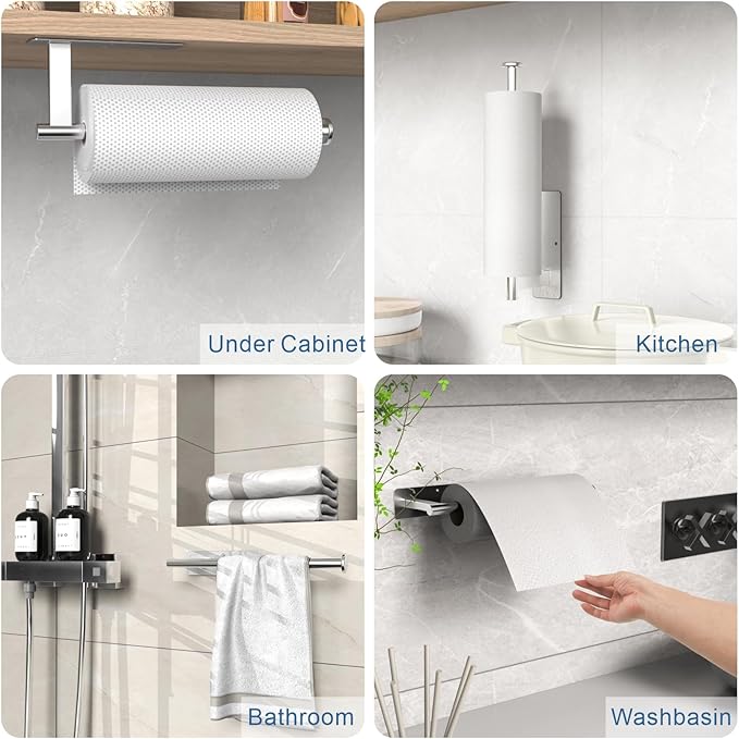 CUXIXA Paper Towel Holder Under Cabinet 2 Pack, Upgraded Adhesive Paper Towel Holder Wall Mount for Kitchen, Bathroom, RV, Bend-Resistant, Self-Adhesive or Drill mounting, Stainless Steel, Silver