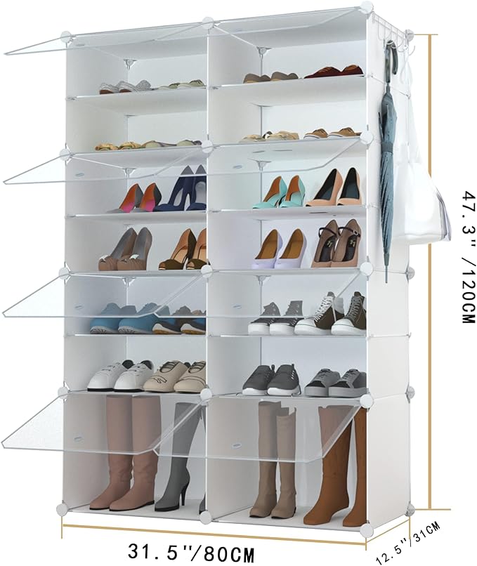 HOMICKER Shoe Rack Organizer, 32 Pair Shoe Storage Cabinet with Door Expandable Plastic Shoe Shelves for Closet, Entryway, Hallway, Bedroom