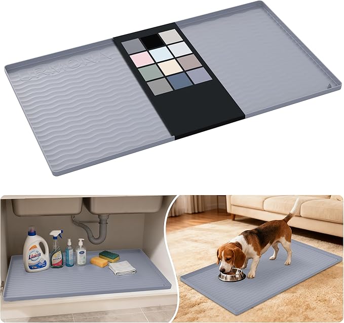 URMONA Waterproof Silicone Under Sink Mat 34'' x 19'' Shelf Liner for Kitchen and Bathroom, Cabinet and Counter Protector, Storage and Organizers, Litter Mat, Pet Cat Puppy Essentials(Light Grey)