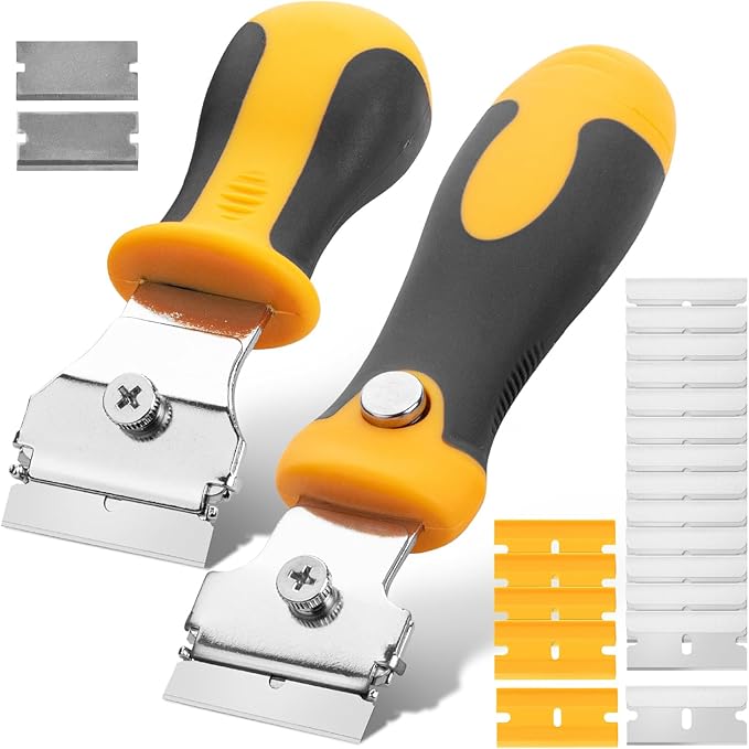 Bates- Razor Blade Scraper Set, 2 Pack, Standard and Adjustable Handle, Extra 20 Blades, 13x Stainless Steel, 2x Carbon Steel, 5x Plastic Blades, Razor Scraper Tool with Built-in Storage