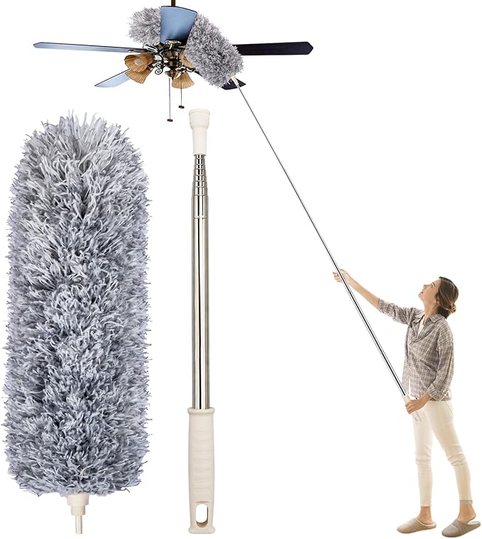 Dusters for Cleaning High Ceiling Fans, Newliton Microfiber Feather Duster with 30'' to 100'' Telescoping Extension Pole, Long Extendable Duster for Home, Car, Furniture, Cobweb, Gray