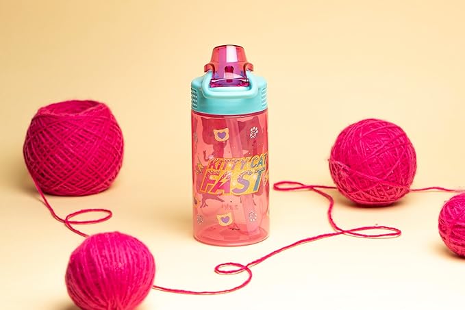 Zak Designs Disney SuperKitties Sage Kids Water Bottle For School or Travel, 16oz Durable Plastic Water Bottle With Straw, Handle, and Leak-Proof, Pop-Up Spout Cover (Ginny, Sparks, Buddy, Bitsy)